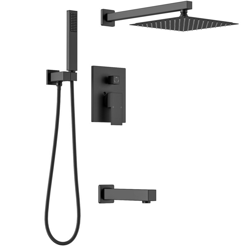 Pressure-balanced Shower System Rainfall Tub And Shower Faucet With Rough-in Valve, Matte Black