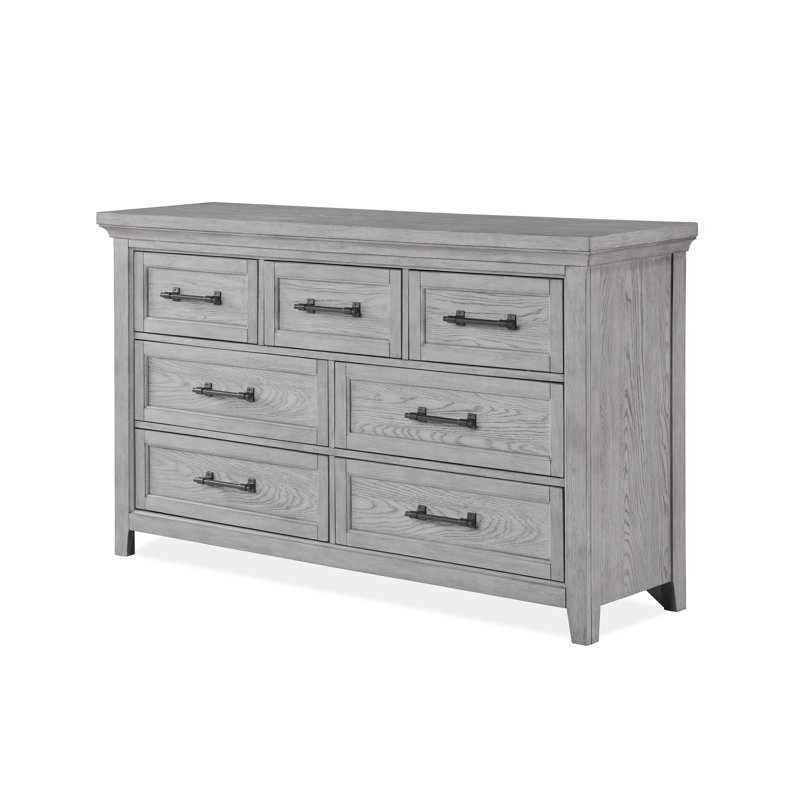 Ensemble de commode et miroir Bix, 7 tiroirs, poignées bronze, gris clair