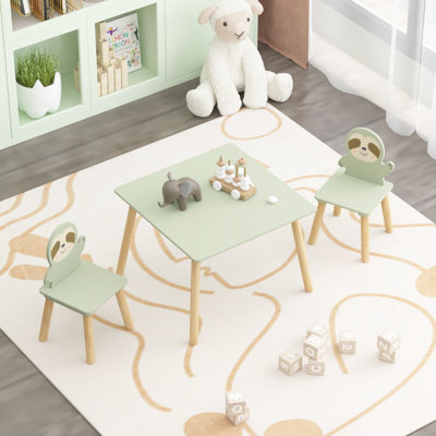 Ensemble de table et de chaises pour enfants avec 2 chaises paresseuses mignonnes, table d'activité pour tout-petits en bois, ensemble de jeu et d'étude à motif animal mignon pour salle de jeux, chambre à coucher, salle de classe - vert sauge et bois