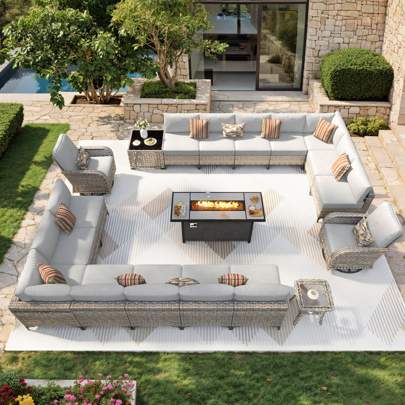 Ensemble de conversation extérieure pour 16 personnes Emroy, ensemble de conversation de patio en osier avec coussins, ensemble de canapé modulaire toutes saisons avec foyer pour jardin, cour arrière