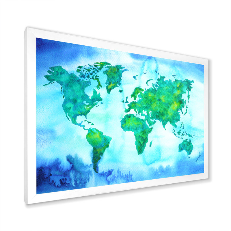 «World Map Blue Green Tone III», reproduction sur toile flottante, H 24 po x l 36 po x P 1 po, Cadre de coin blanc fermé