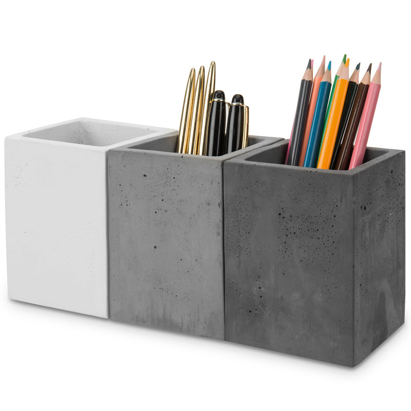 Set of 3 Gray and White Concrete Square Pen Holders