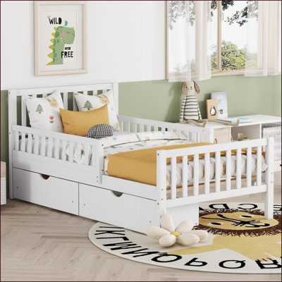 Lit plateforme simple en bois de pin massif avec 2 tiroirs de rangement Barrières de sécurité blanches pour la chambre à coucher