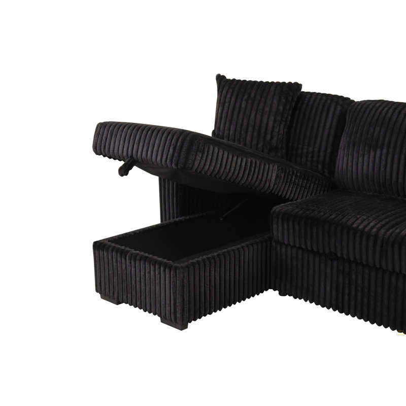 Plush Sectional Sofa W/ Pull Out Sleeper Made With Velvet Fabric- Black (CA Warehouse Inventory), Black Velvet