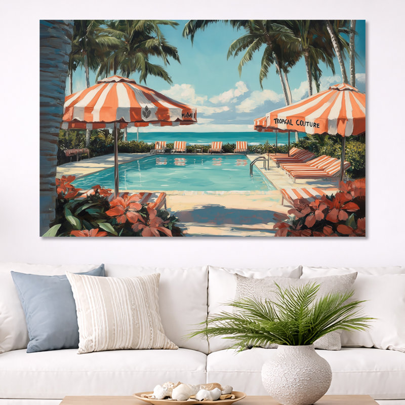 Palms de Miami Poolside - Impression sur toile tropicale turquoise, H 40 po x l 60 po, Toile tendue