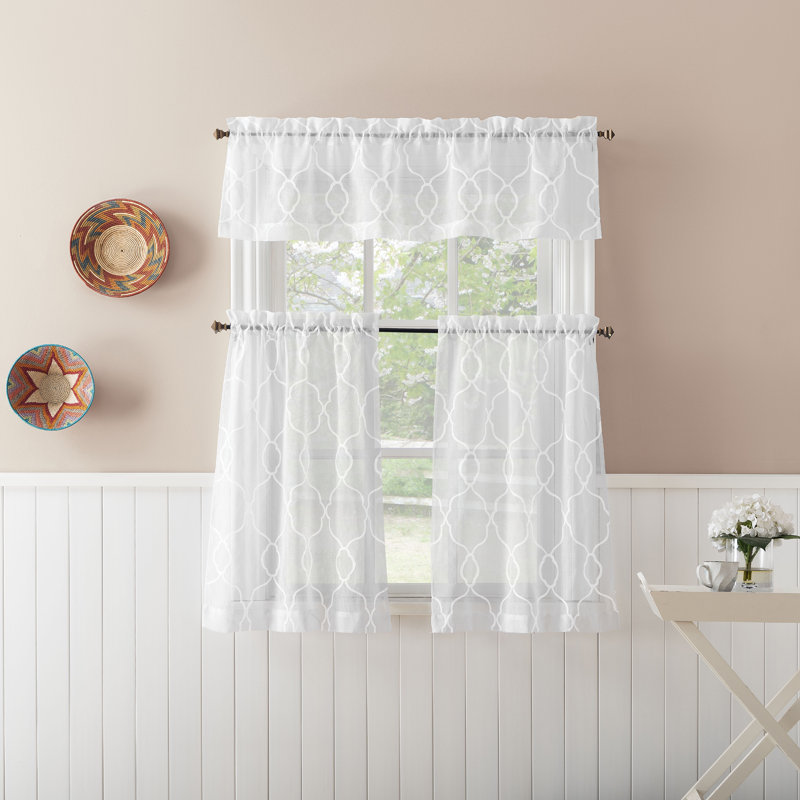Hermenegilda Embroidered Light Filtering Rod Pocket Kitchen Curtain Valance and Tiers Set, 52" W x 24" L