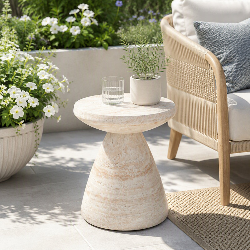 Table d'appoint légère en béton avec finition travertin, design sablier pour intérieur/extérieur