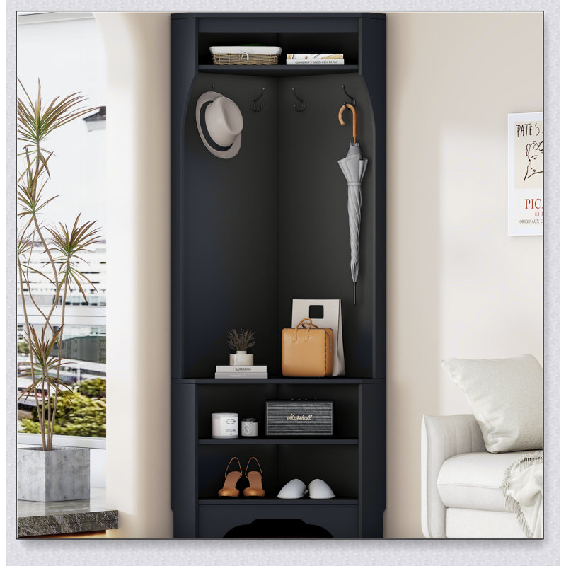 Arbre d'entrée minimaliste avec banc à chaussures, portemanteau polyvalent avec 4 crochets, armoire d'angle avec tablette réglable