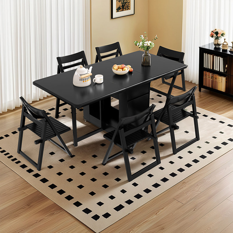 Solid Wood Folding Dining Table with Wheels & Storage, Retro Black 1.3m & 1.5m Long, Mobile Kitchen Table for Small Spaces, Flats, Seats 4-6 Fully Assembled, No Assembly Required（Dining Table1.3mAnd 2 Chair ）