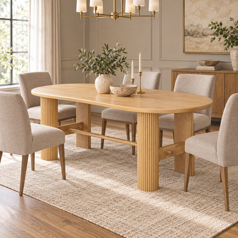 Ensemble de salle à manger ovale 7 pièces pour 6 personnes avec table en placage de chêne de 184 cm et 6 chaises rembourrées, table à double piétement cannelé, naturel