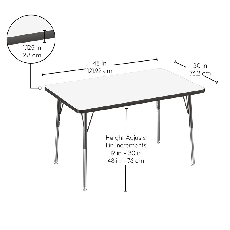 Rectangle Dry-Erase Activity Table with Adjustable Legs, 30" x 48", Standard Swivel Glide