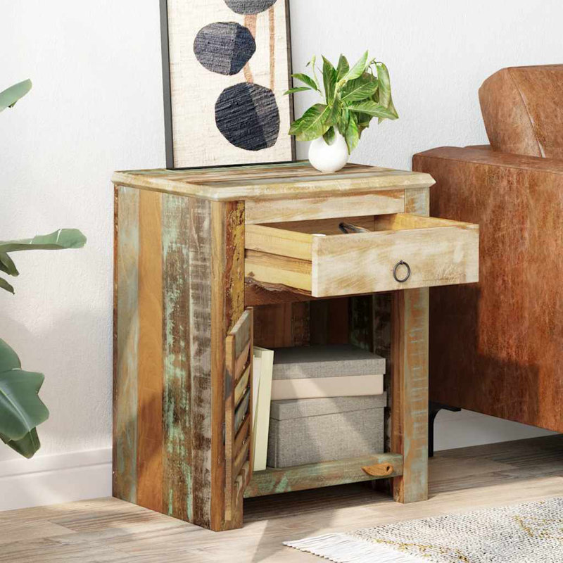 End Table with 1 Drawer & 1 Door, Handmade Cabinet, 17.7x13x21.7 Inches Solid Reclaimed Wood Multicolor