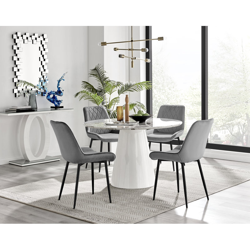 Edward Statement Marble Effect Pedestal Dining Table Set with 4 Velvet Upholstered Dining Chairs, Gray/Black