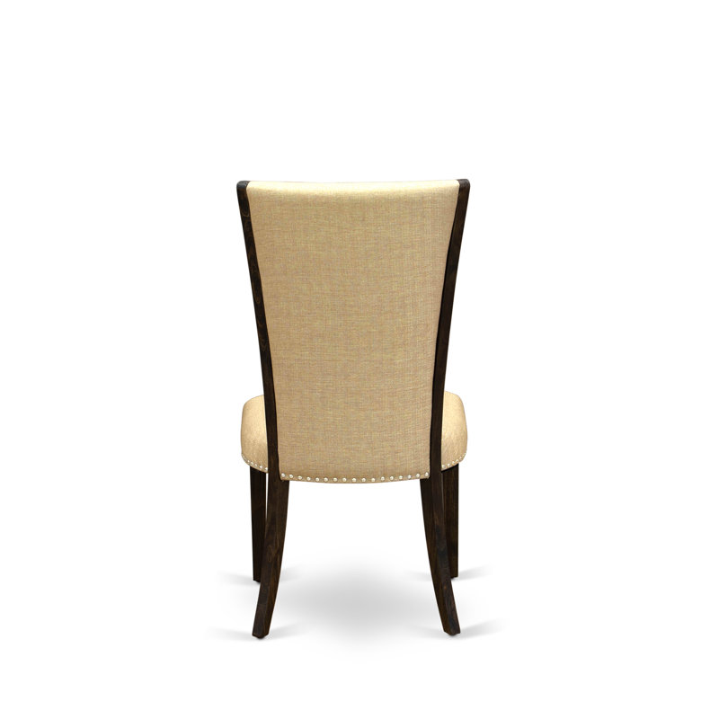 Distressed Jacobean 48'' Round Wood Dining Set with Beige Linen Chairs
