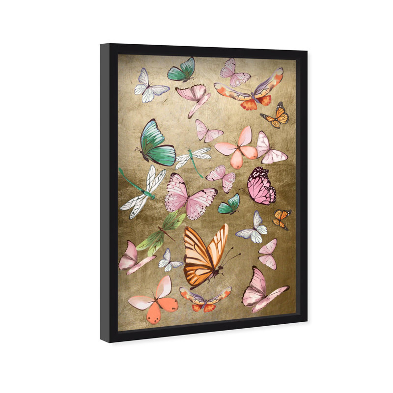 Oliver Gal Flying Over Gold Butterflies - Leaf Framed Shadowbox Art, 55.5" H x 37.5" W, Black