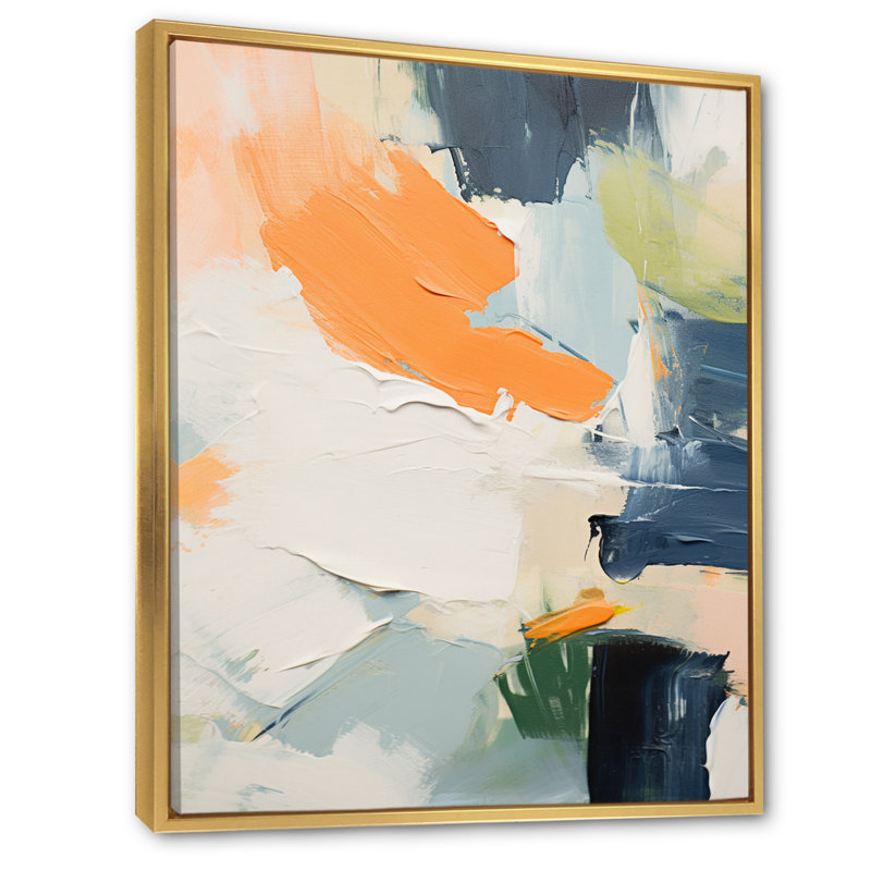 Orange tristesse I - peinture murale abstraite, Cadre flottant doré, H 32 po x l 24 po x P 1 po