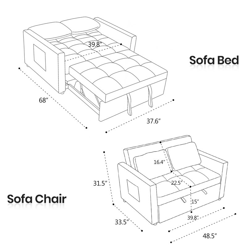 Vadims Upholstered 48.5'' Reclining Sleeper Sofa, Black Linen