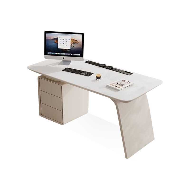 Bureau blanc rectangulaire en bois manufacturé avec 3 tiroirs, H 29,53 po x l 55,12 po x P 27,56 po, Retour à gauche