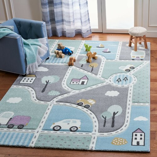 Zoomie Kids Frasher Polyproplyene Gray/Light Blue Rug & Reviews | Wayfair