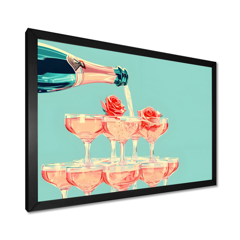 Champagne champagne bulles - Art mural champagne, H 12 po x l 20 po x P 1 po, Toile encadrée noire simple