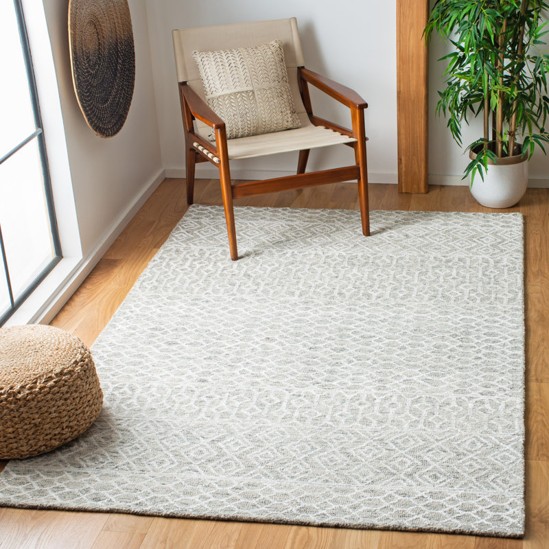 Percy Hand Tufted Wool/Viscose/Cotton Geometric Rug in Green/Ivory, Rectangle 4' x 6'