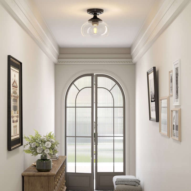 Semi Flush Mount Ceiling Light with Glass Shade, Matte Black