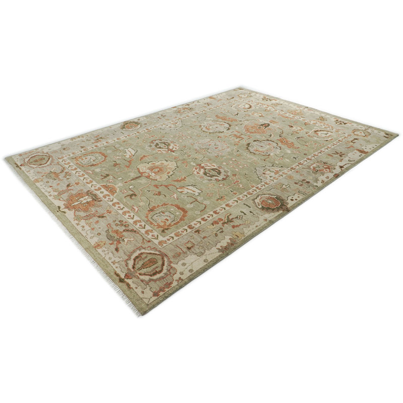 Tapis vert en laine noué à la main 9 pi 10 po x 14 po Oushak, Rectangulaire 9 pi 10 po x 14 pi