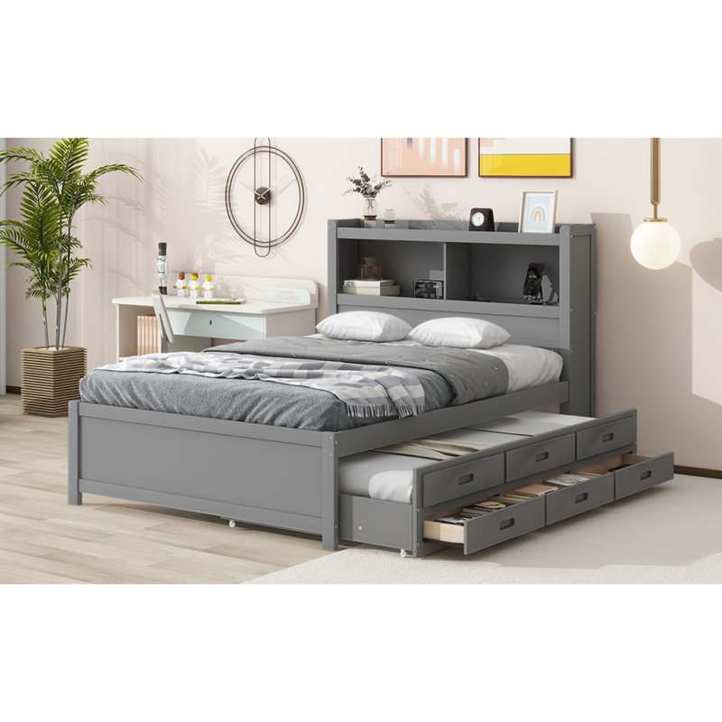 Lit plateforme double avec lit gigogne, tiroirs et prises USB, gris