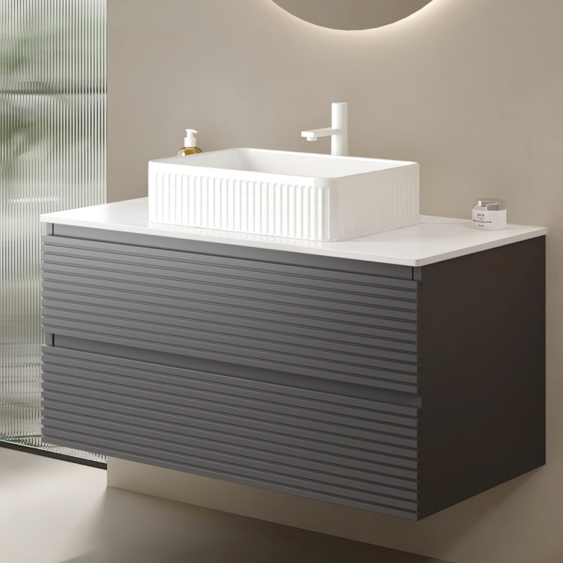 Armoire de salle de bain murale en contreplaqué gris 36 ", déformation, tiroirs spacieux, glissières, style scandinave moderne gris 36", 18 mm d'épaisseur, rangement