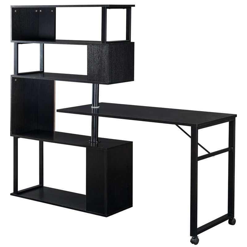 Home Office Computer Desk L-Shaped Corner Table, Rotating Computer Table With 5-Tier Bookshelf, Four Installation Methods, Lockable Casters (Black)