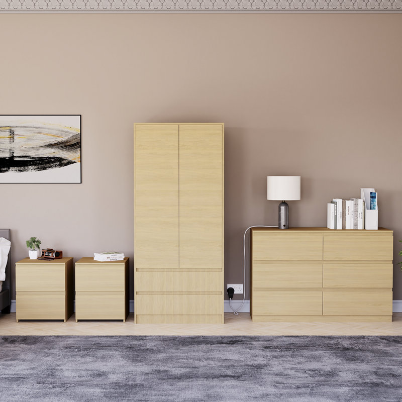 Tanino 4 Piece Bedroom Set (2 Drawer Large Bedside Chest X2, 6 Drawer Chest, 2 Door 2 Drawer Wardrobe), Beige