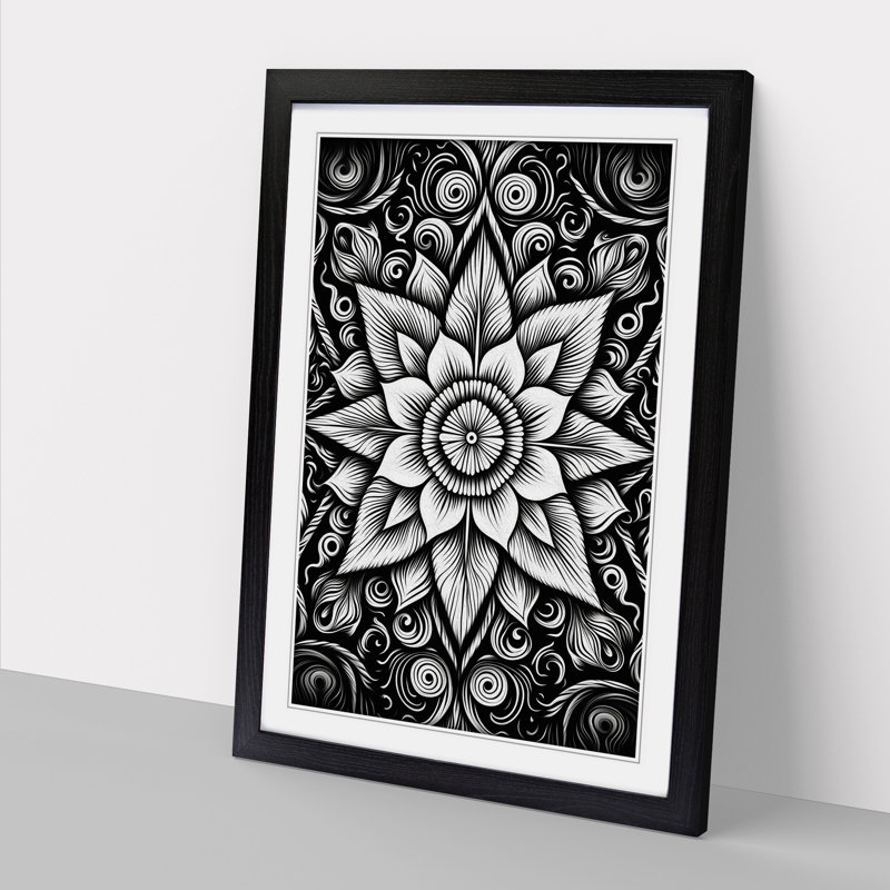 Mandala Line - Single Picture Frame Print on Wood, 46cm H x 34cm W x 2cm D, Black Framed