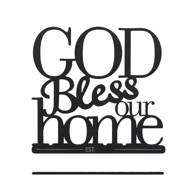 God Bless Our Home, art mural spirituel sur plaque avec nom de famille et année sur bois noir rustique