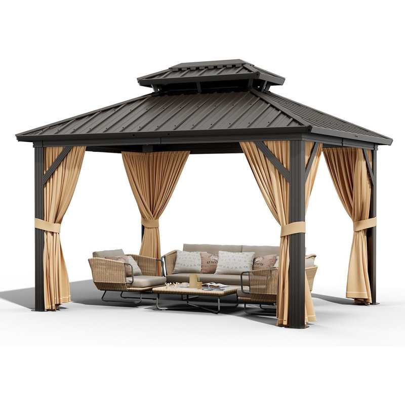 Hardtop Gazebo 10' x 12' Double Roof Aluminum Pavilion with Mosquito Netting and Curtains - All-Weather Patio Canopy for Backyard and Lawn