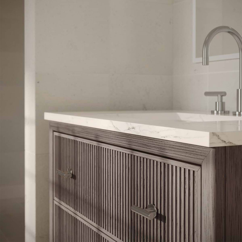 Rhett Vanity, Steel Oak, 24" W, Carrara Marble
