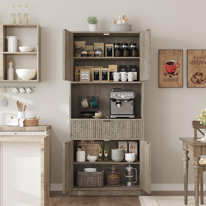 Fluted Hutch Kitchen Pantry Cabinet, 70-Inch Tall with Countertop Shelf and Drawer, Freestanding Cupboard for Dining Room or Living Room