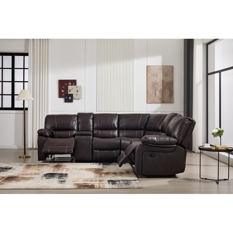 Canapé d'angle inclinable manuel en cuir végane de 269 cm de large avec rangement et porte-gobelet