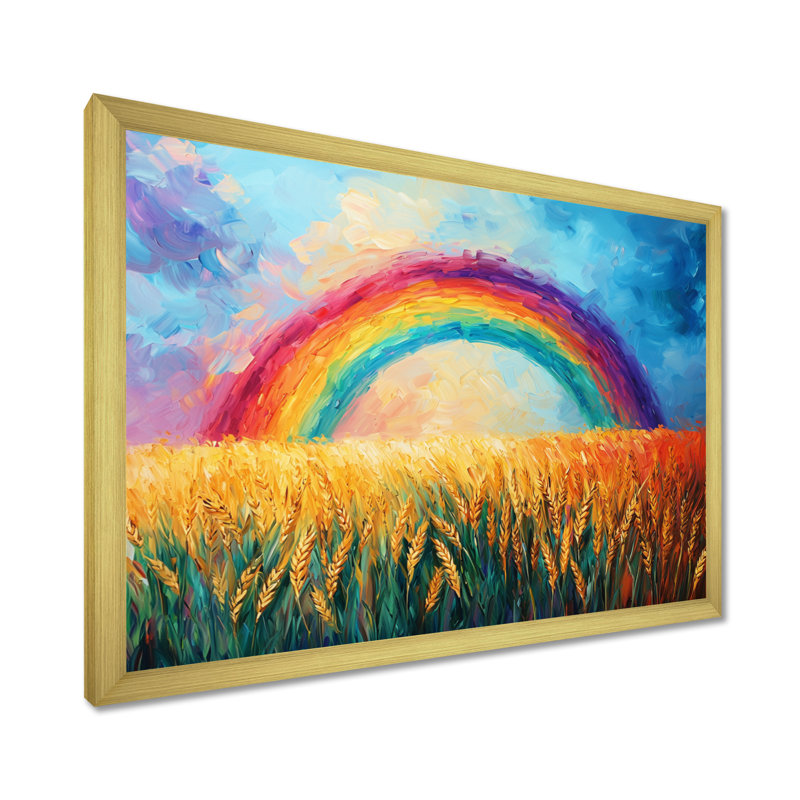 «Countryside Rainbow Over The Wheat Fields I» - art mural arc-en-ciel, H 34 po x l 44 po, Cadre doré simple