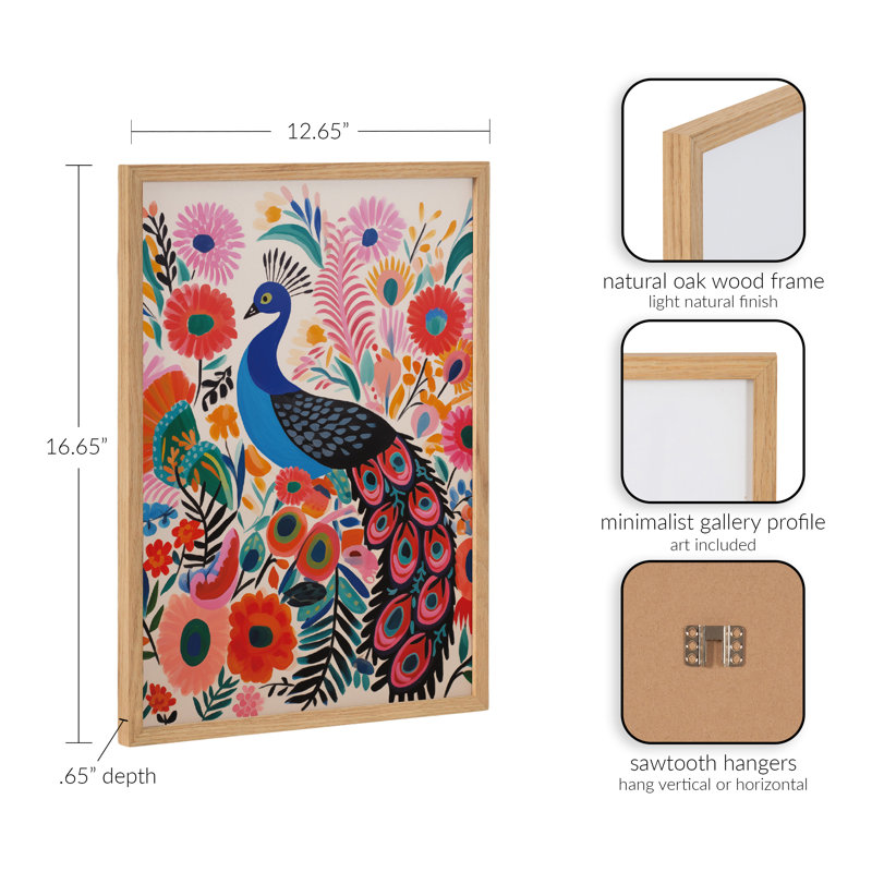 Art moderne paon vibrant moderne, Encadrement brun clair, H 12,65 po x l 16,65 po