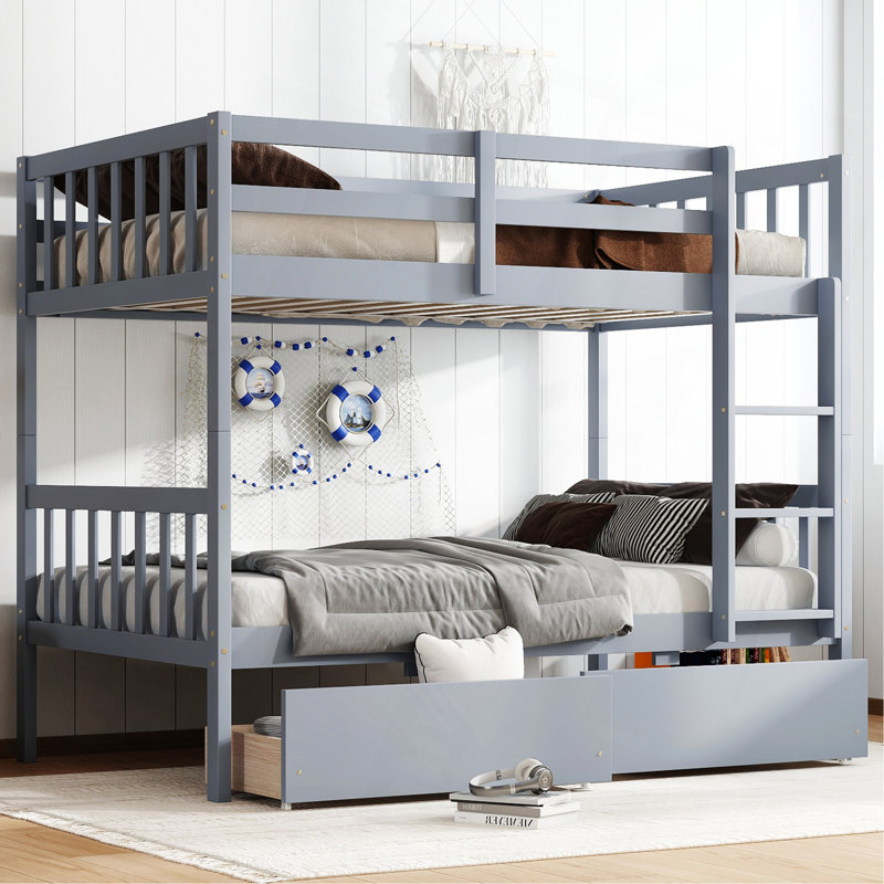 Lit superposé simple en bois d'hévéa simple avec 2 tiroirs, convertible en 2 lits simples, lit superposé simple avec échelle et garde-corps de sécurité