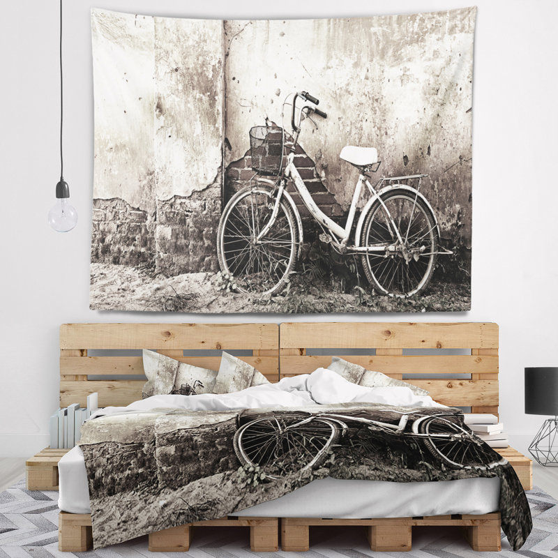Photographie d'un vieux vélo et d'une tapisserie murale fissurée, H 32 po x l 39 po
