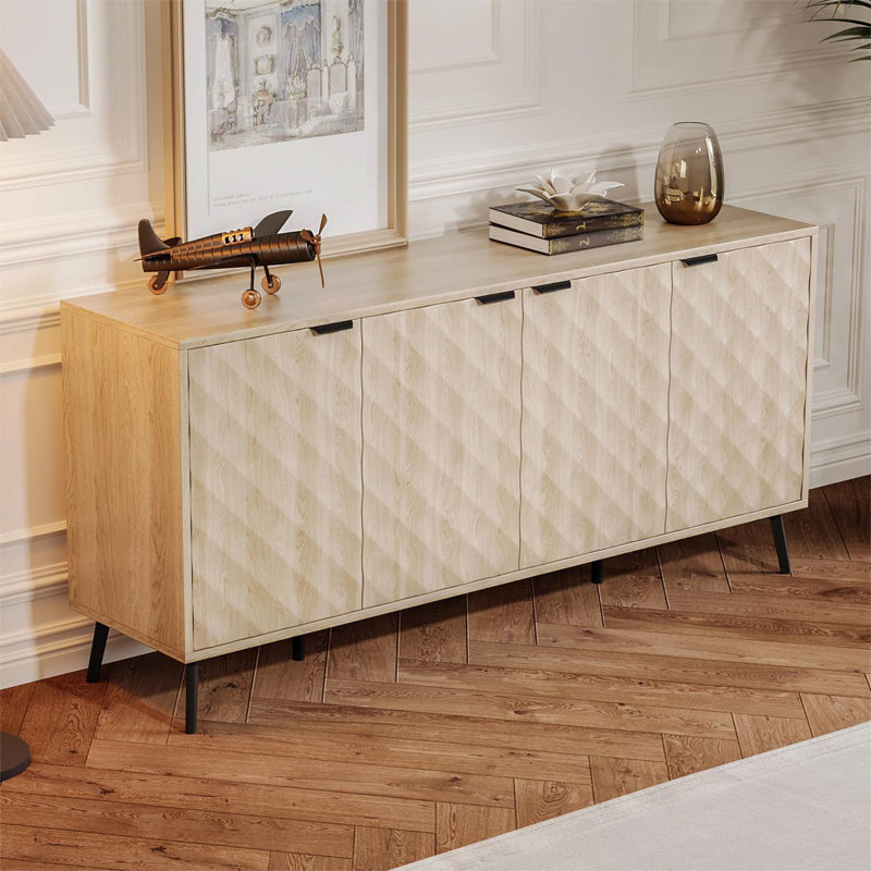 62 inch Diamond Flute Sideboard Buffet Cabinet, Diamond Shaped Relief Storage Cabinet, Wood Grain