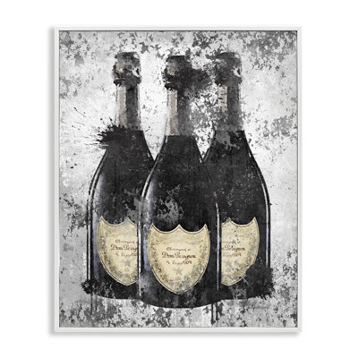 Champagne Bottles Gray Gold Ink Illustration by Amanda Greenwood - Graphic Art Print on Wood