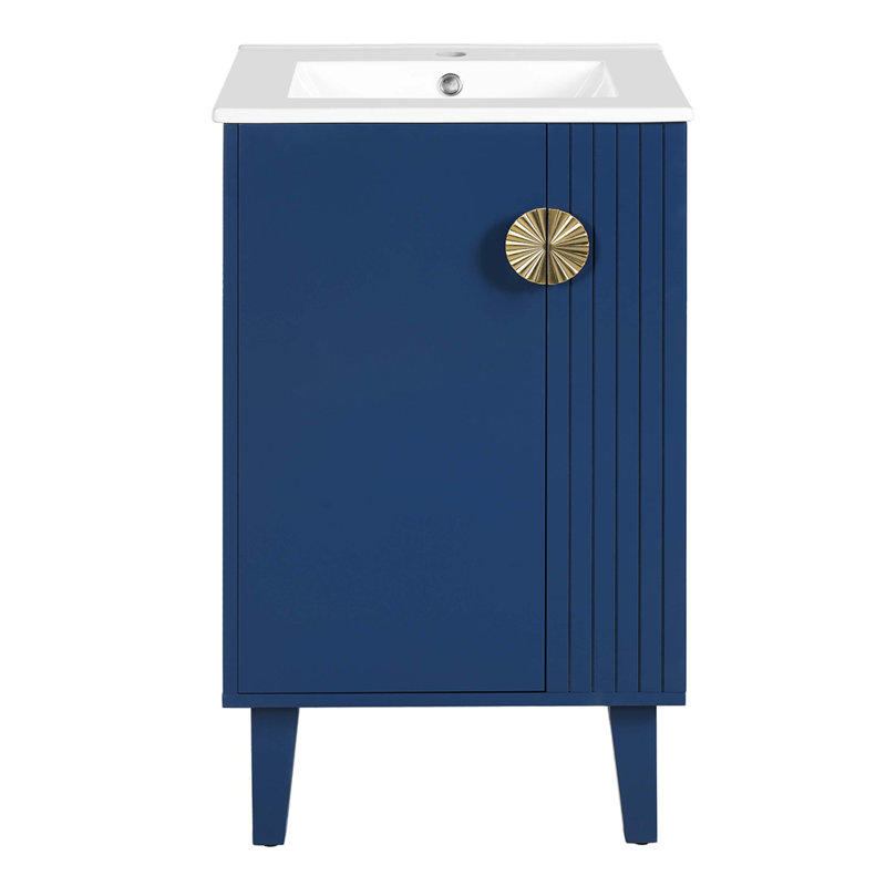 Meuble-lavabo de 20 po avec lavabo en céramique, ensemble de meuble-lavabo simple autoportant avec porte à fermeture douce, poignées chic en demi-lune