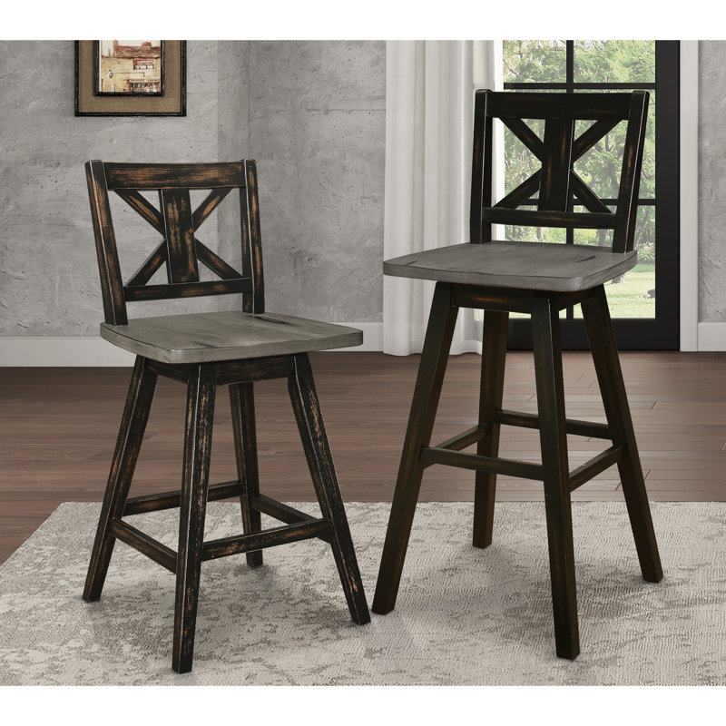 2 chaises pivotantes à 360 degrés à hauteur de comptoir, en bois d'hévéa massif noir, avec 2 chaises au style rustique, option pivotante en bois