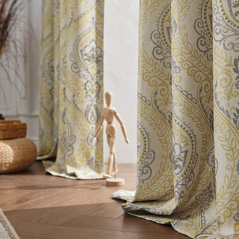Rideaux obscurcissants à motif de médaillon rétro à motif de médaillon rétro pour chambre jaune sur fond gris, Jaune