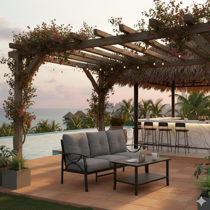 2 Piece Outdoor Patio Set, 70” All-Weather Metal 3-Seat Metal Patio Sofa And Rectangular Coffee Table , Khaki Frame With Gray Cushions
