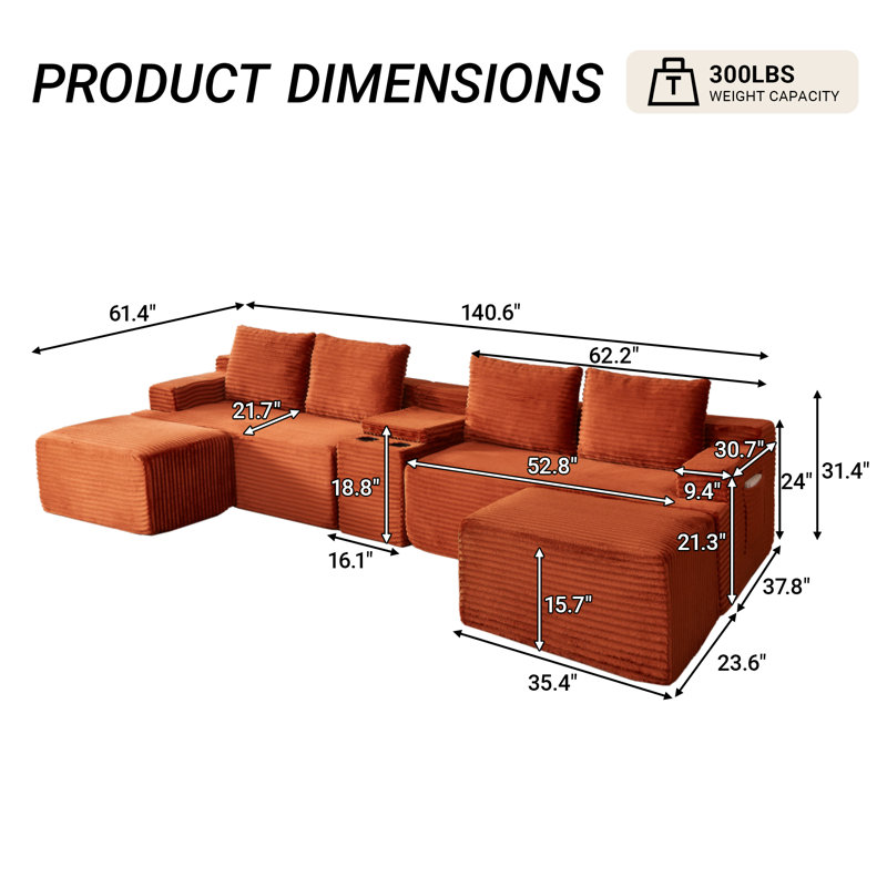 Corduroy U-Shaped Sectional Symmetrical, Orange