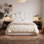 Lit plateforme glamour à panneaux festonnés, revêtu de velours et doté d'un rangement intégré, taille standard, couleur crème