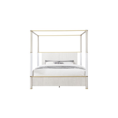 Très grand lit à baldaquin de style contemporain avec poteaux en acrylique et détails dorés, tête de lit tapissier de couleur chêne, bois massif + structure, 85 po de profondeur, 80 de large, 60 de haut, 244,2 lb